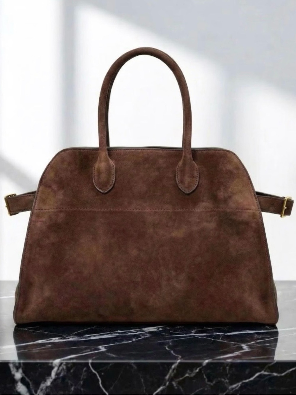 Chocolate Brown Suede Tote bag with gold logo